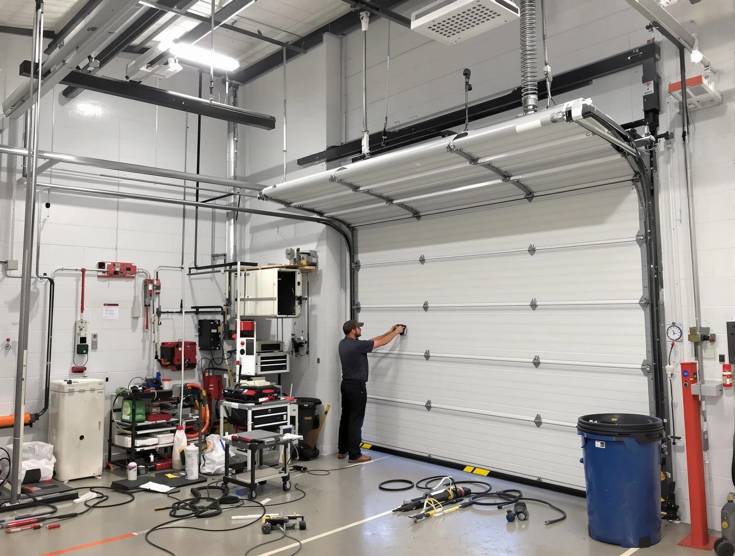 Peralta Garage Door Repair certified technician performing commercial door repair at a Peralta business facility