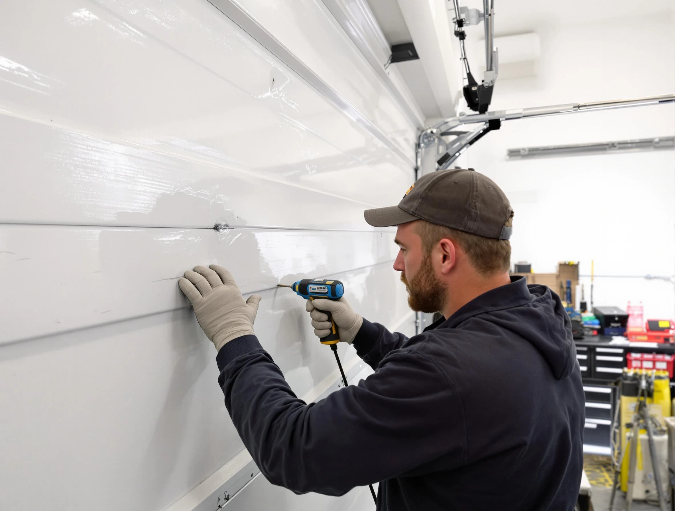 Peralta Garage Door Repair technician demonstrating precision dent removal techniques on a Peralta garage door